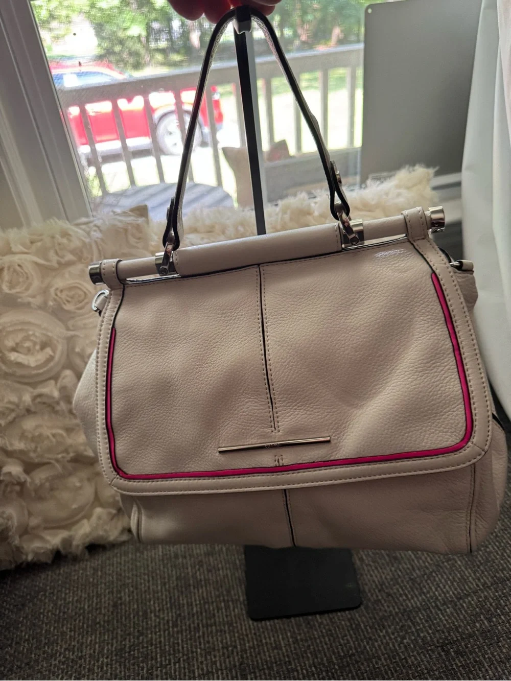 Ivory Pebbled Leather Satchel Shoulder Bag with Pink Trim